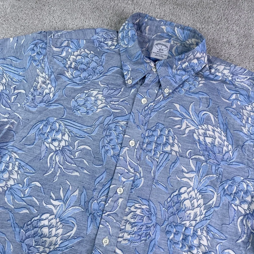 Brooks Brothers Shirt Mens Large Blue Pineapple Reverse Print Regent Button Up